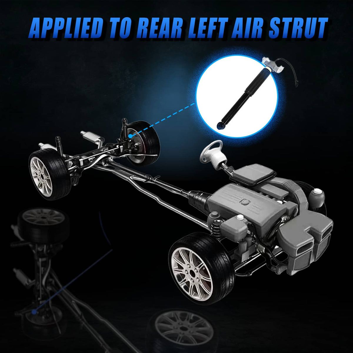 Rear suspension air strut assembly with black damper, silver bracket, and hose