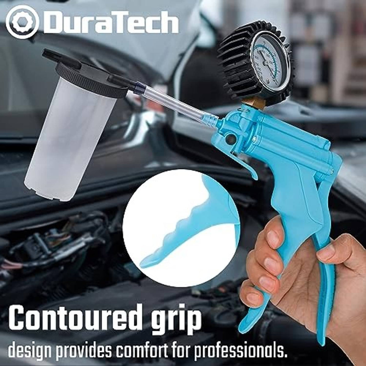 Handheld brake vacuum bleeder tool with blue grip, vacuum gauge, and clear collection jar