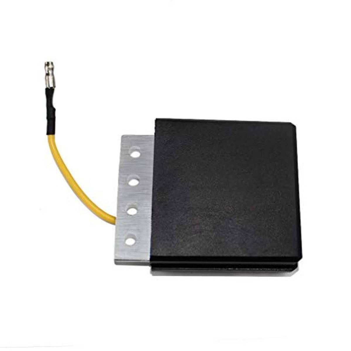 Black voltage regulator rectifier with aluminum plate and yellow cable, metal connector on end