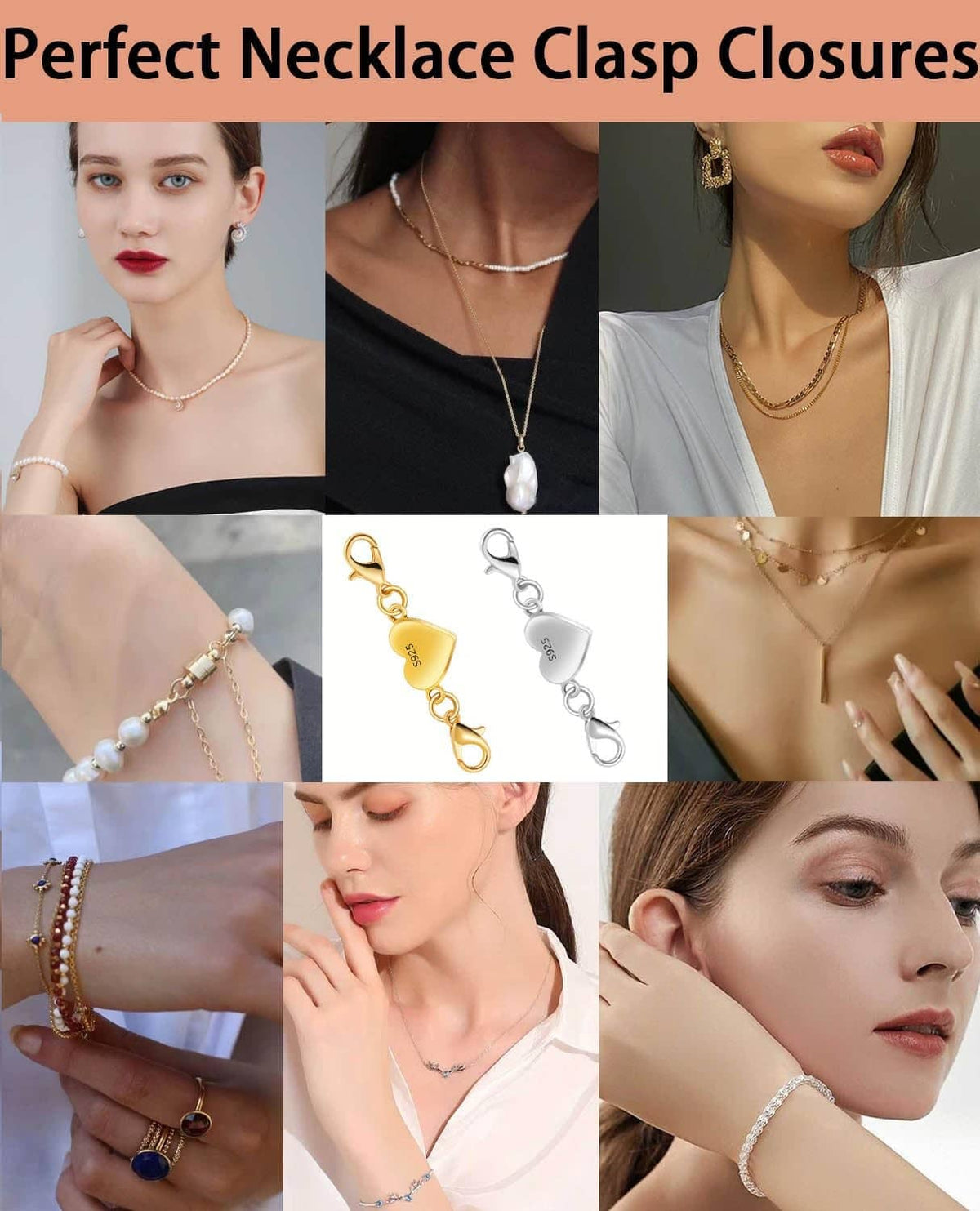Magnetic necklace clasp closure shown on people wearing pendant necklaces and chains