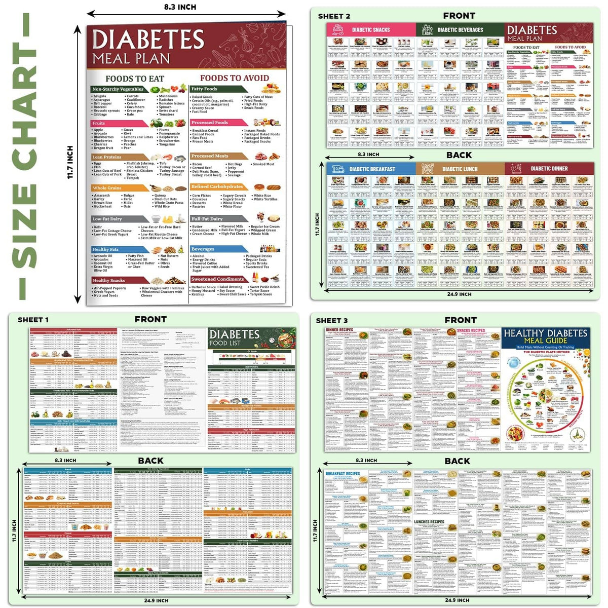 Diabetes meal plan chart set with three sheet fronts and backs, labeled 8.3 in