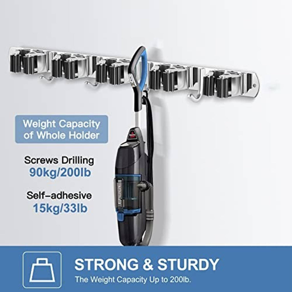 Chrome stainless wall hook bar for heavy tools and brooms, with multiple hook bays