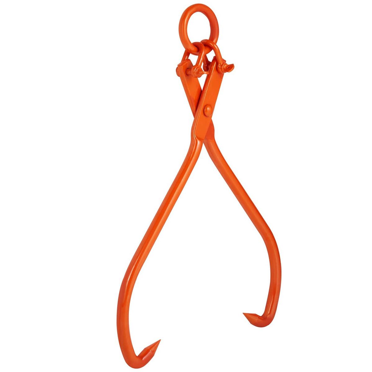 Orange close-up of 2-claw log skidding tongs with lifting ring and curved grips