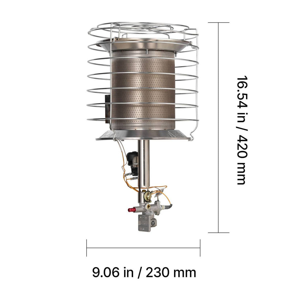 Propane radiant heater height diagram with stainless burner cage and base