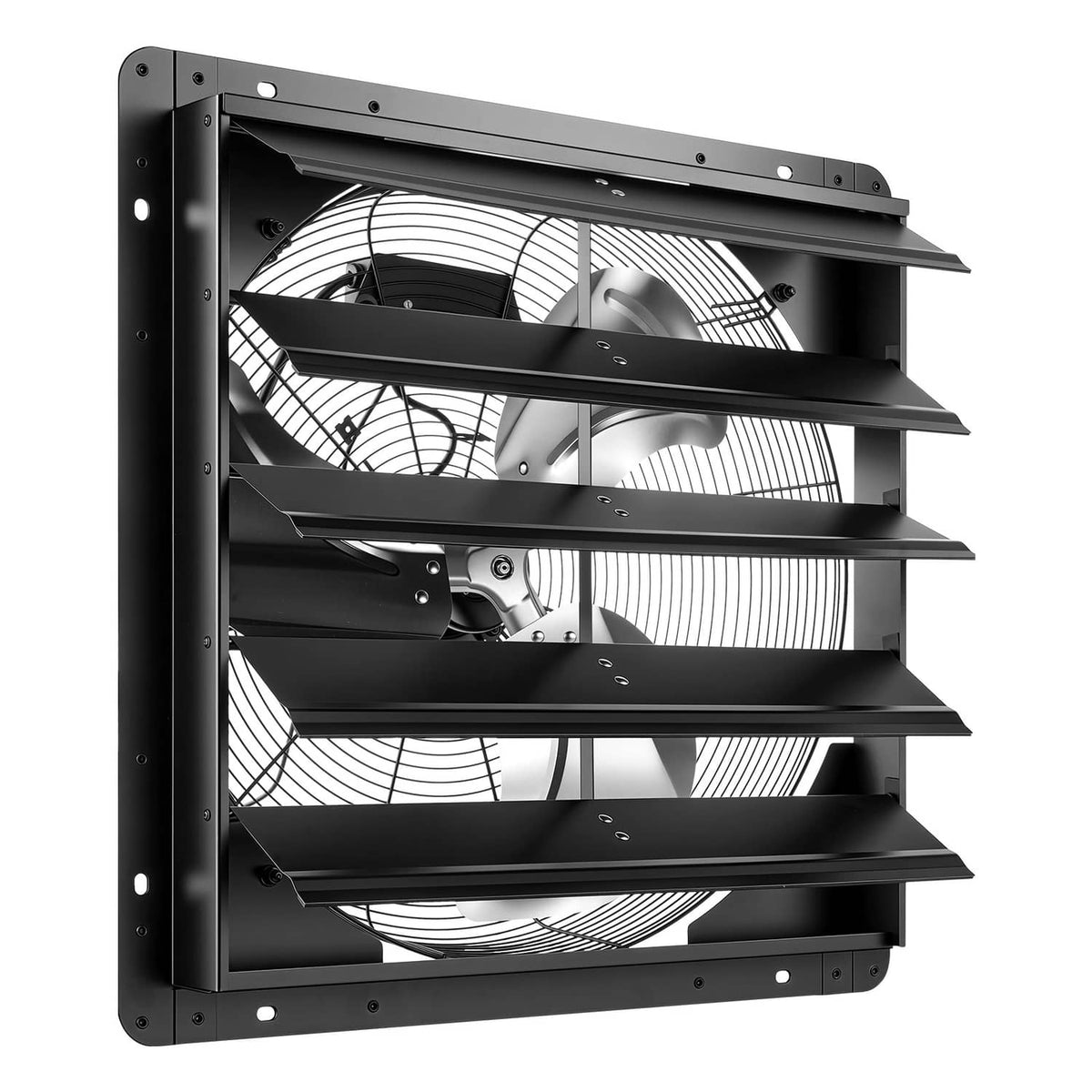 Front view shutter exhaust fan with black frame, louvers, and internal motor fan