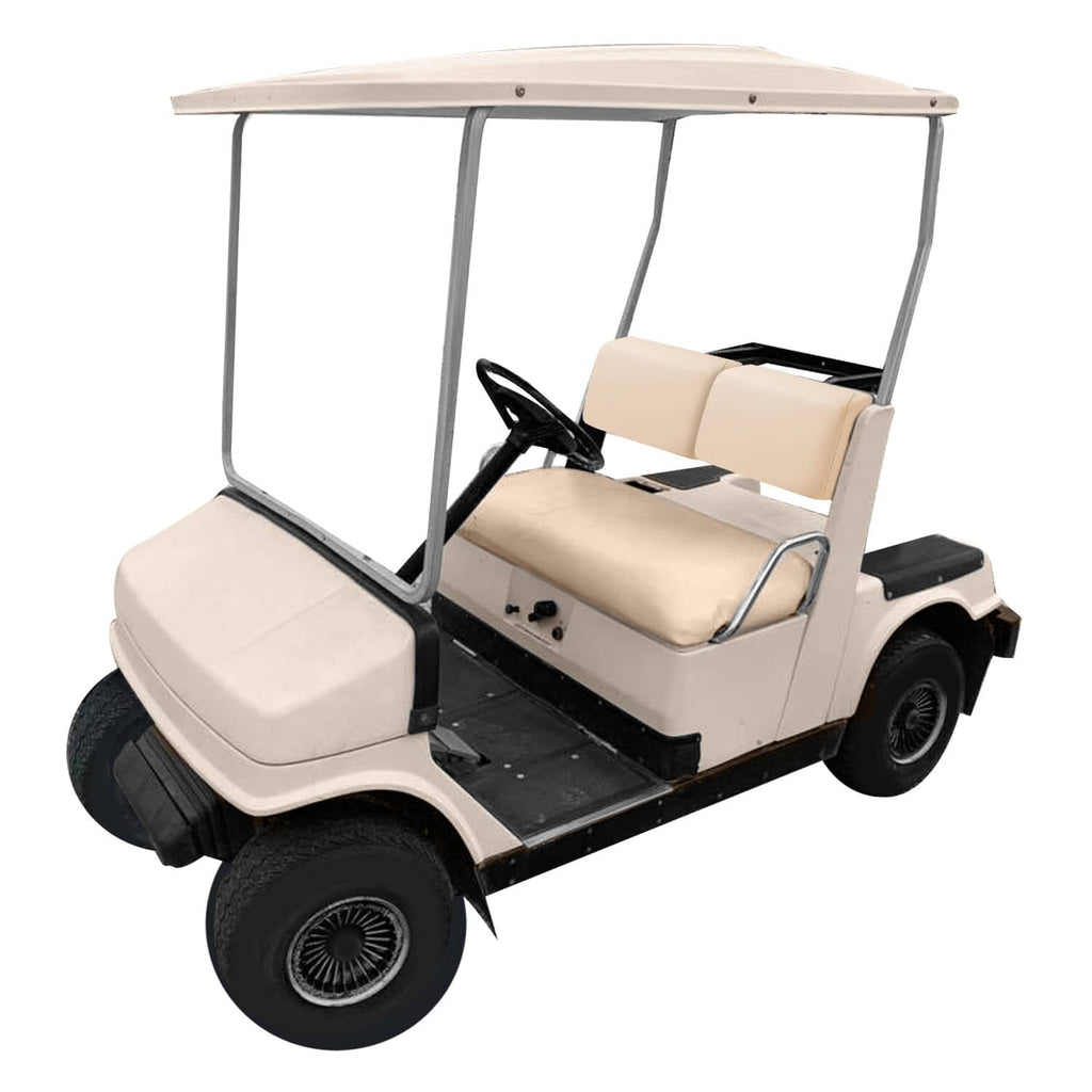 Beige golf cart seat backrest cushion assembly with stitched padding on the cart