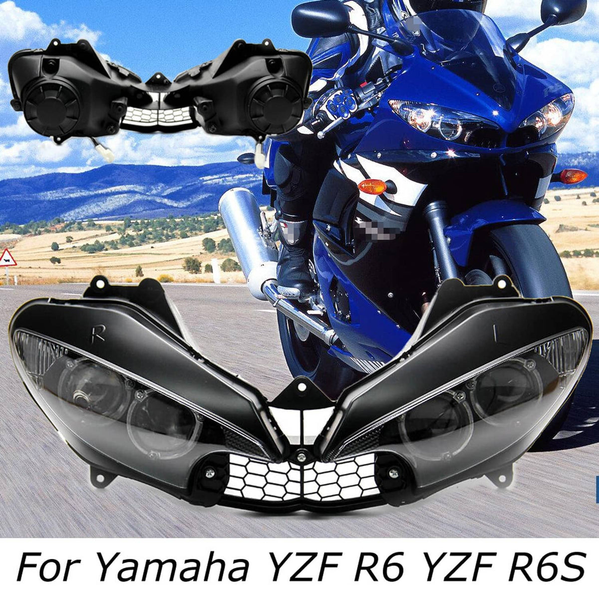 Black motorcycle headlight cowl and fairing stay bracket installed on a blue sport bike