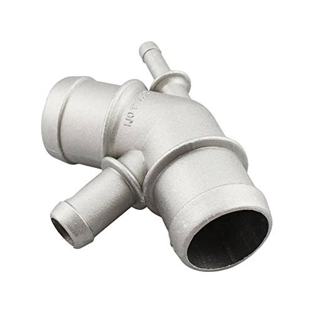 Light gray aluminum coolant pipe fitting with large round outlet and side stub.