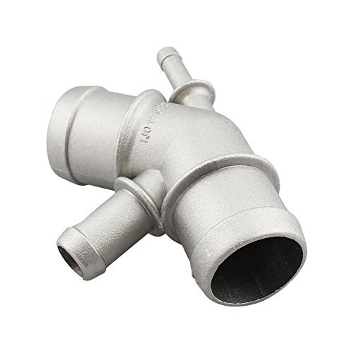 Light gray aluminum coolant pipe fitting with large round outlet and side stub.