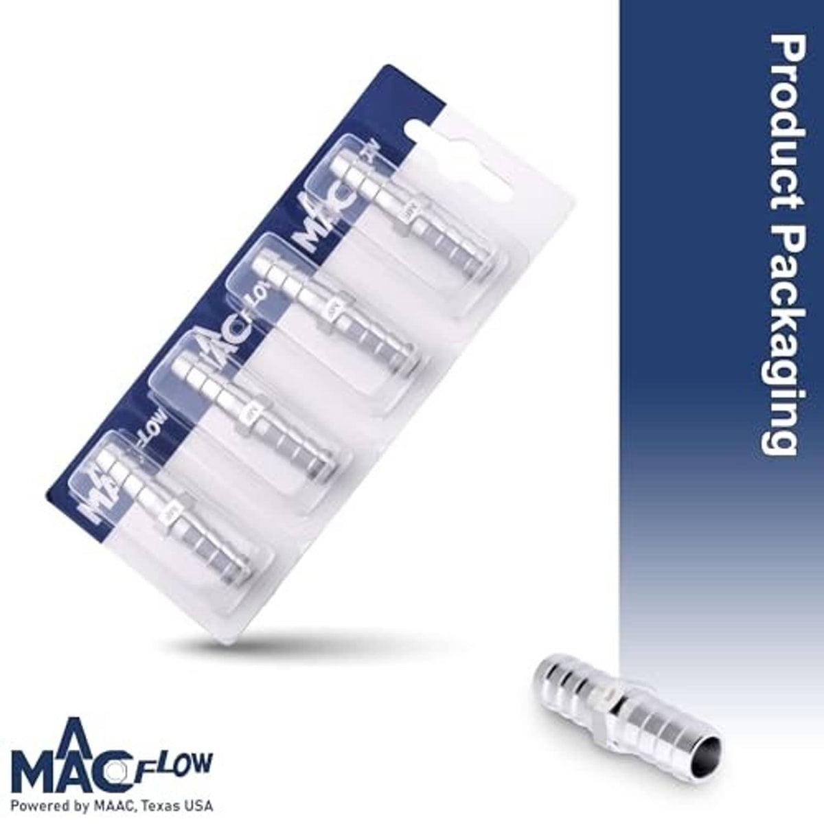 Packaged set of four stainless steel hose barb fittings on retail blister card