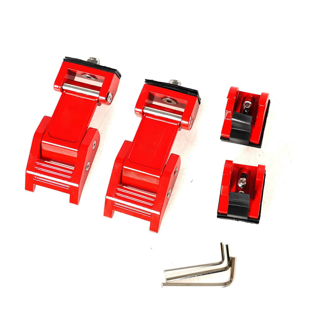 Red aluminum hood latch lock with black striker pads and mounting hardware, set of parts