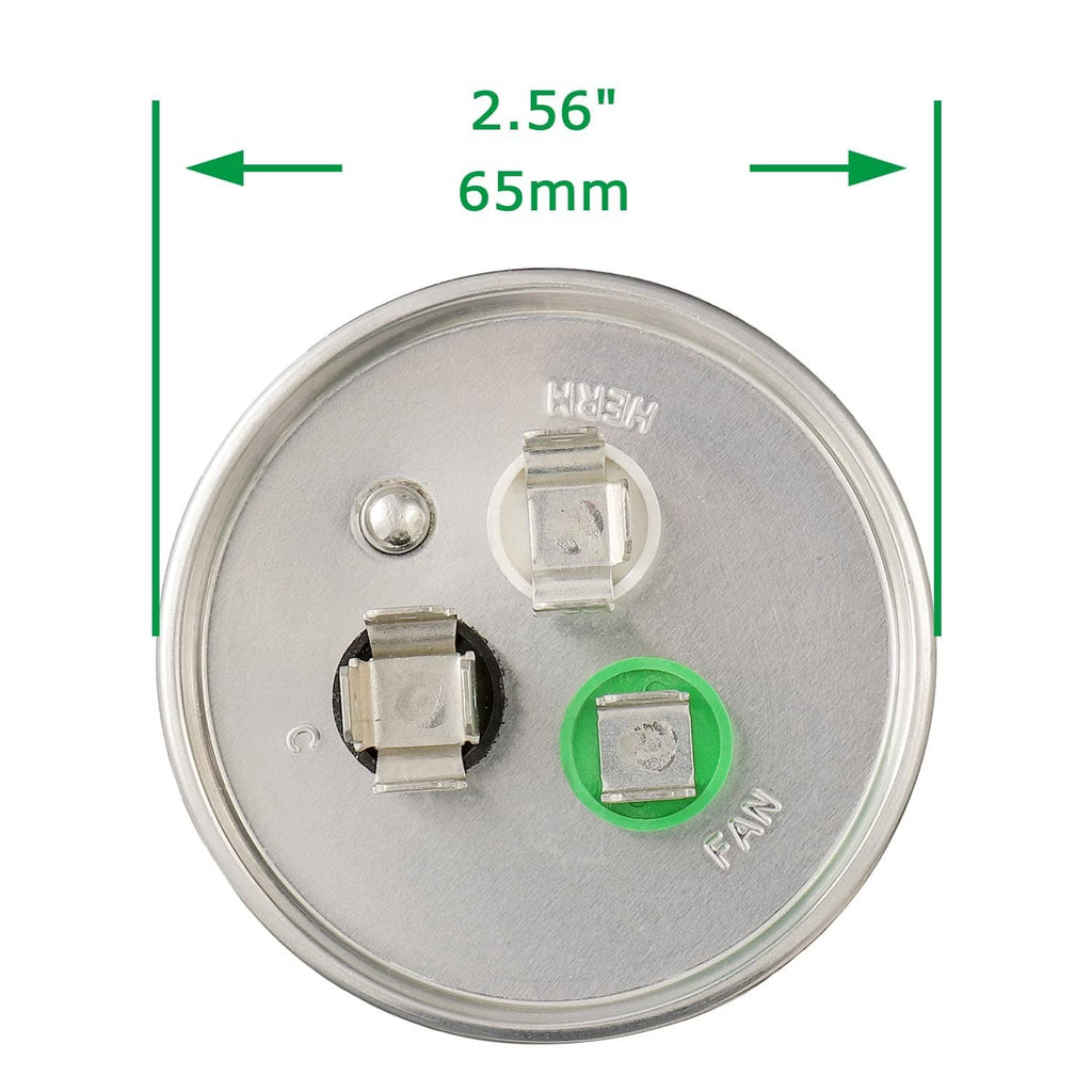 Top view of Sigandg motor capacitor, mounting pins and label, 55/5uF, 65mm