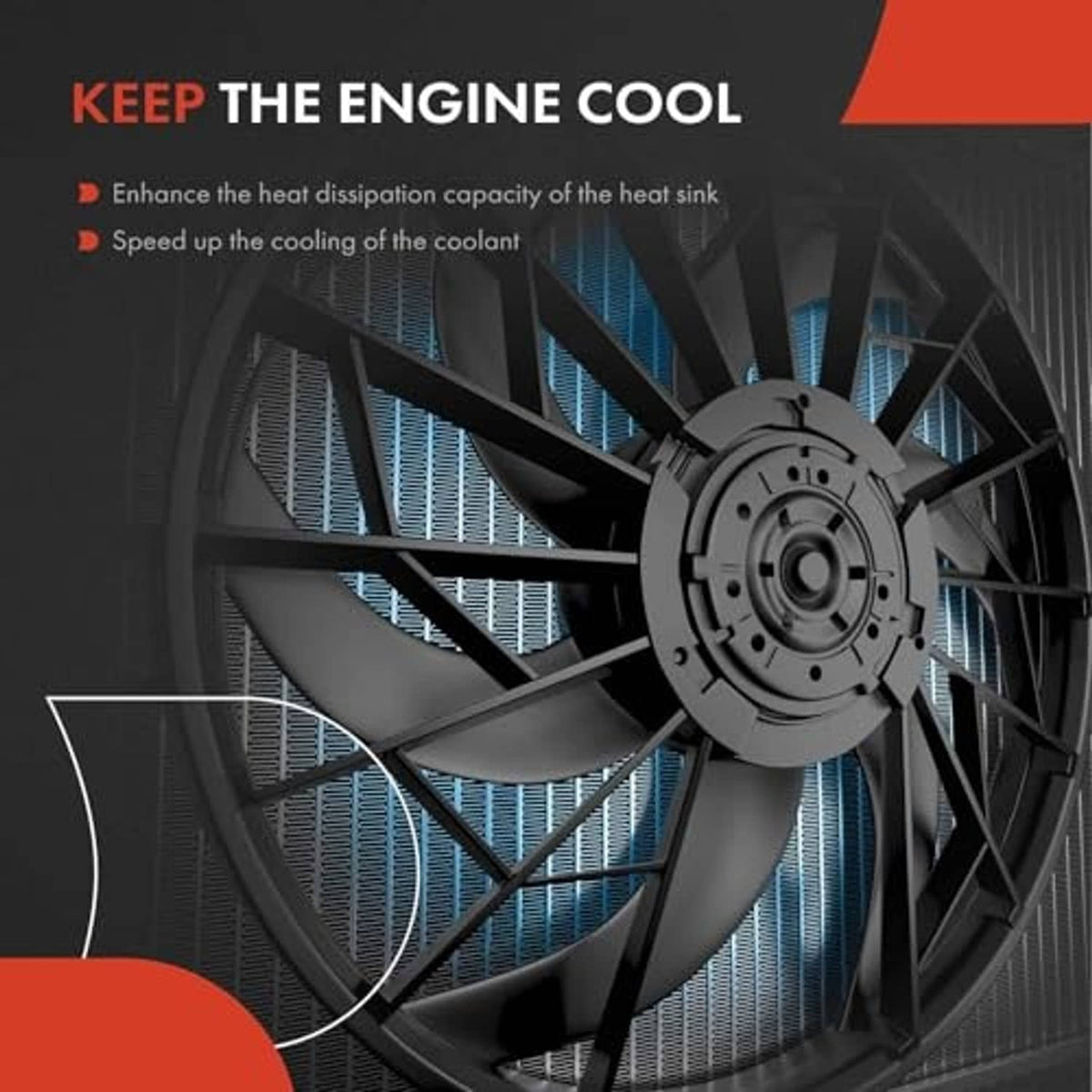 Radiator cooling fan assembly with dual-blade fan wheel and protective housing