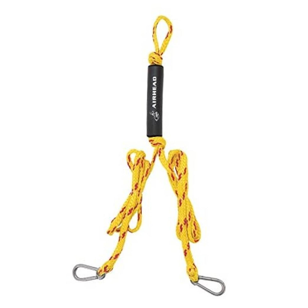 Yellow tow harness rope with black label and two metal snap hooks