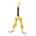 Yellow tow harness rope with black label and two metal snap hooks