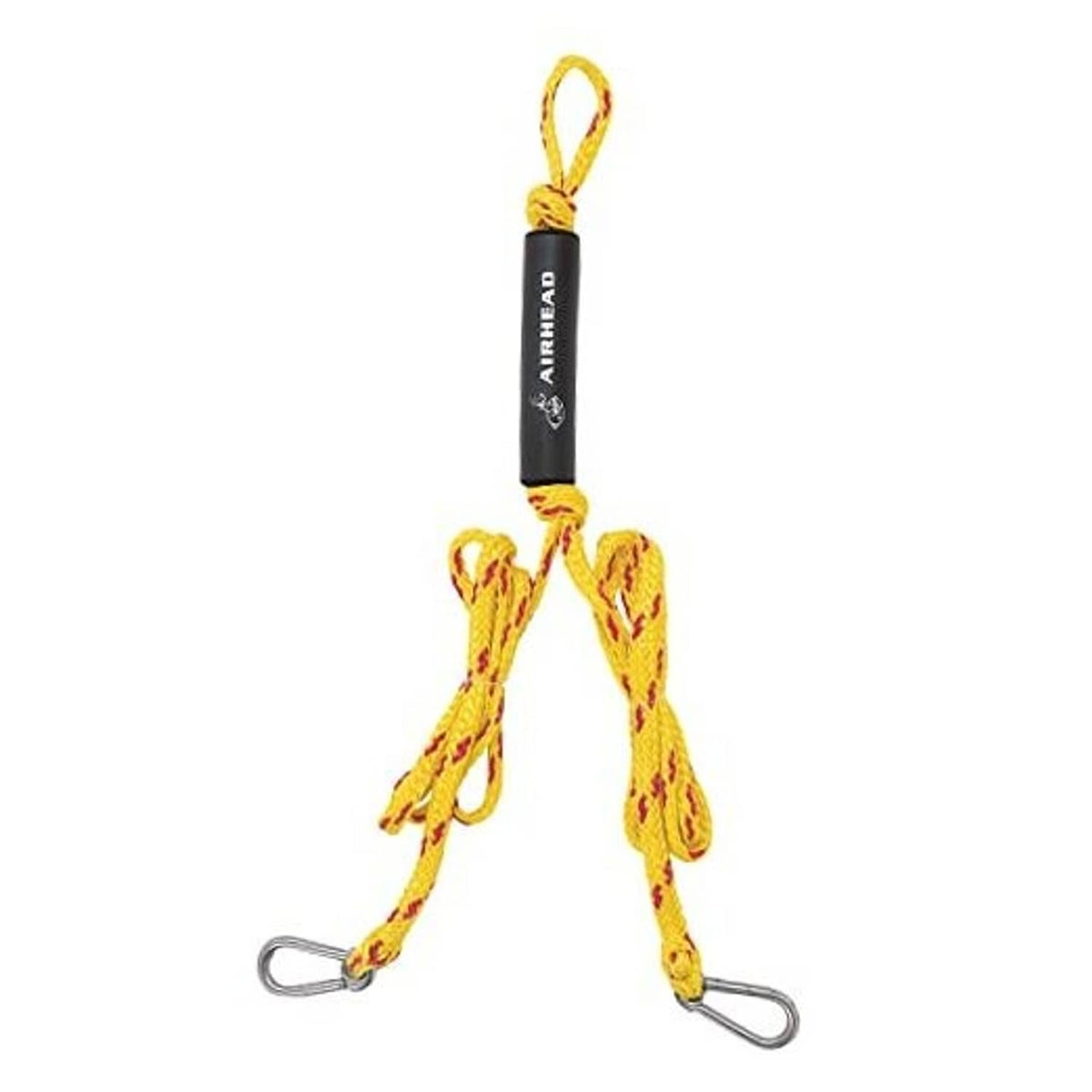 Yellow tow harness rope with black label and two metal snap hooks