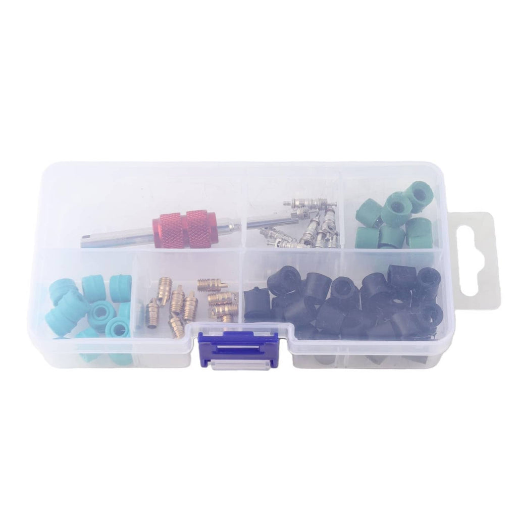 HVAC hose gasket repair kit, clear organizer with mixed green, black, and brass fittings