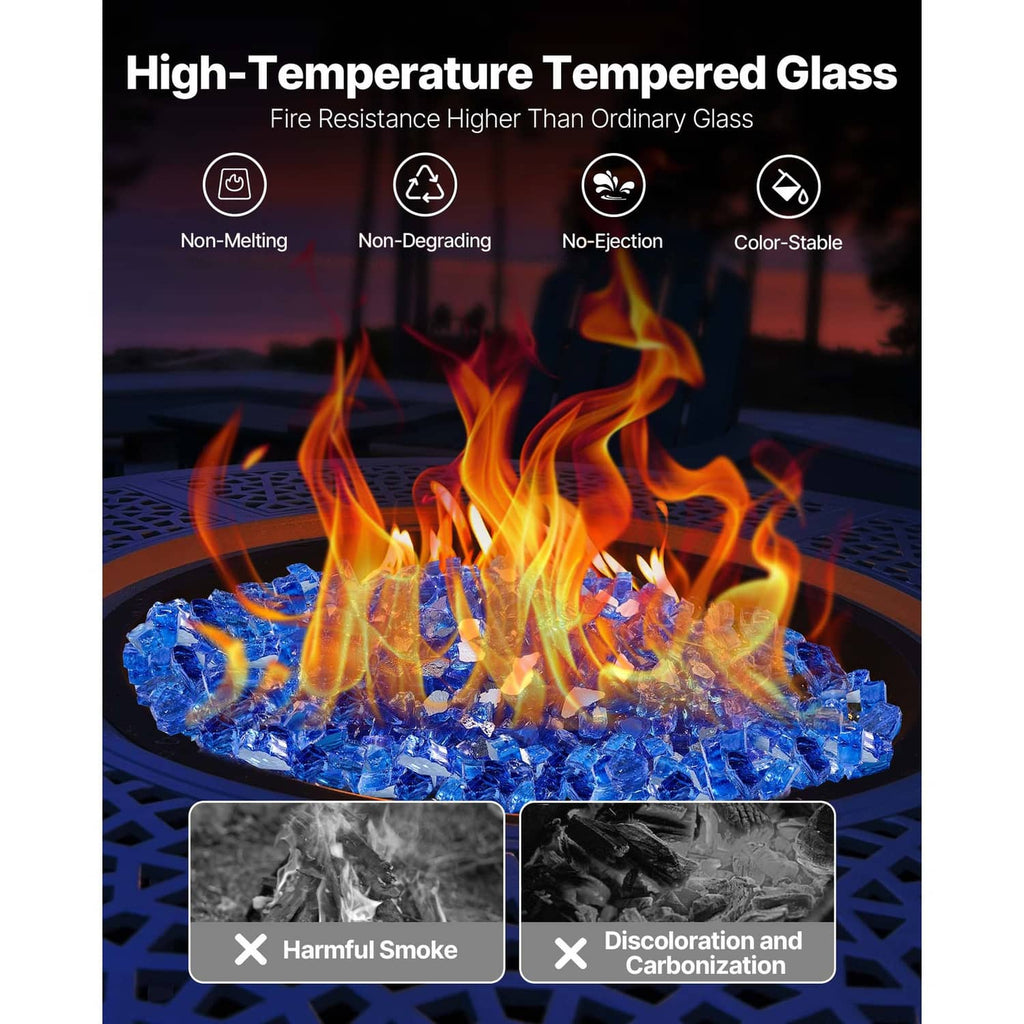 Tempered crushed glass for fire features, cobalt blue with flames