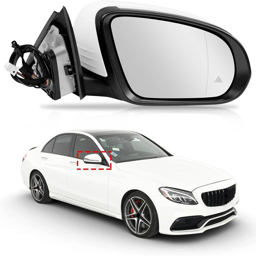 Heated blind spot side mirror assembly, black housing, white trim, detached view