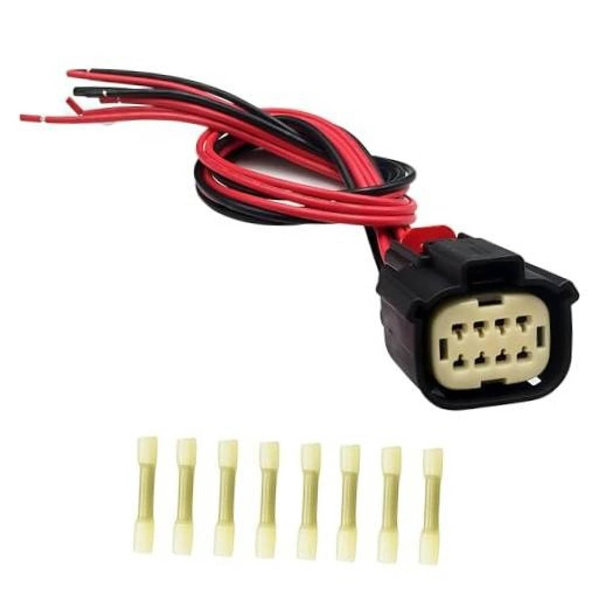 8-pin headlight wiring harness connector pigtail with red and black wire leads