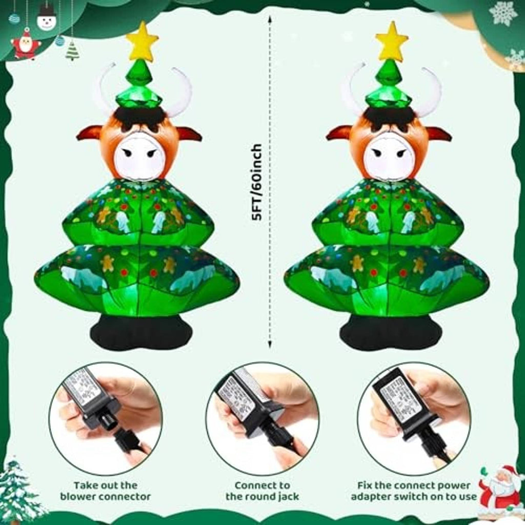 Inflatable highland cow Christmas decoration, green tree outfit, size diagram with star topper