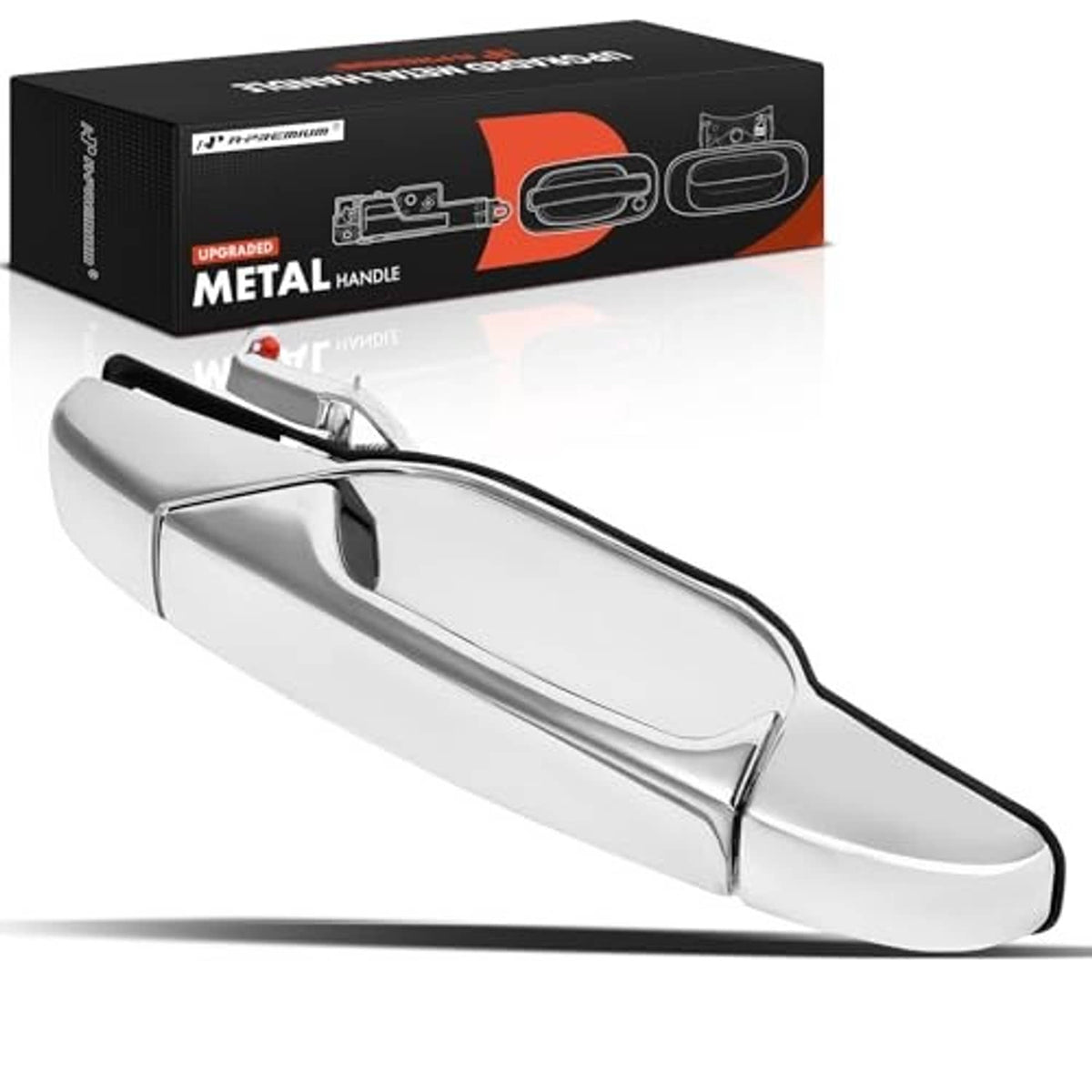 Chrome exterior door handle with curved lever, no keyhole
