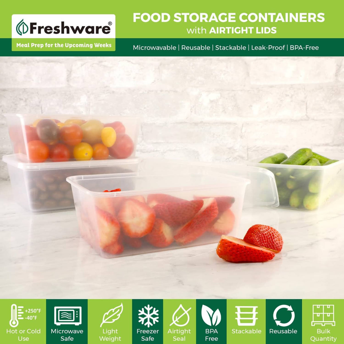 Clear plastic food storage containers with airtight lids, meal prep set