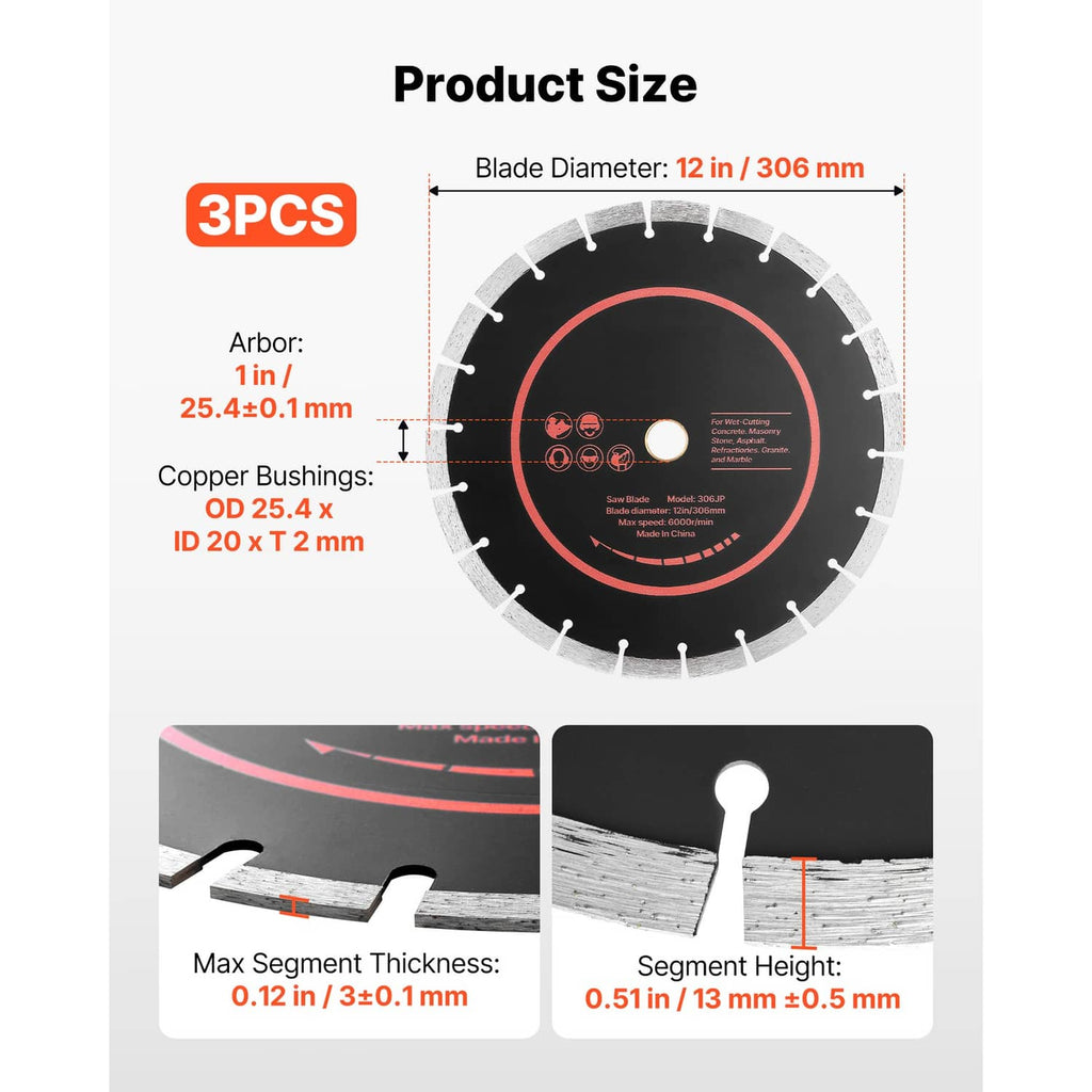 12 in diamond saw blade set, 3-pack with 1 in arbor; size and segment thickness shown
