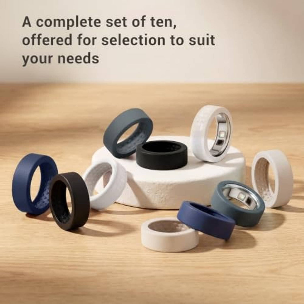 Ten-pack of silicone ring covers in multiple colors, arranged in a display set