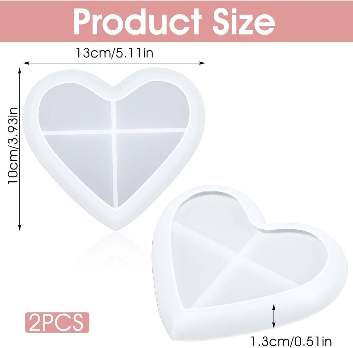 Two-piece heart resin mold set with heart-shaped cavities and center cross divider