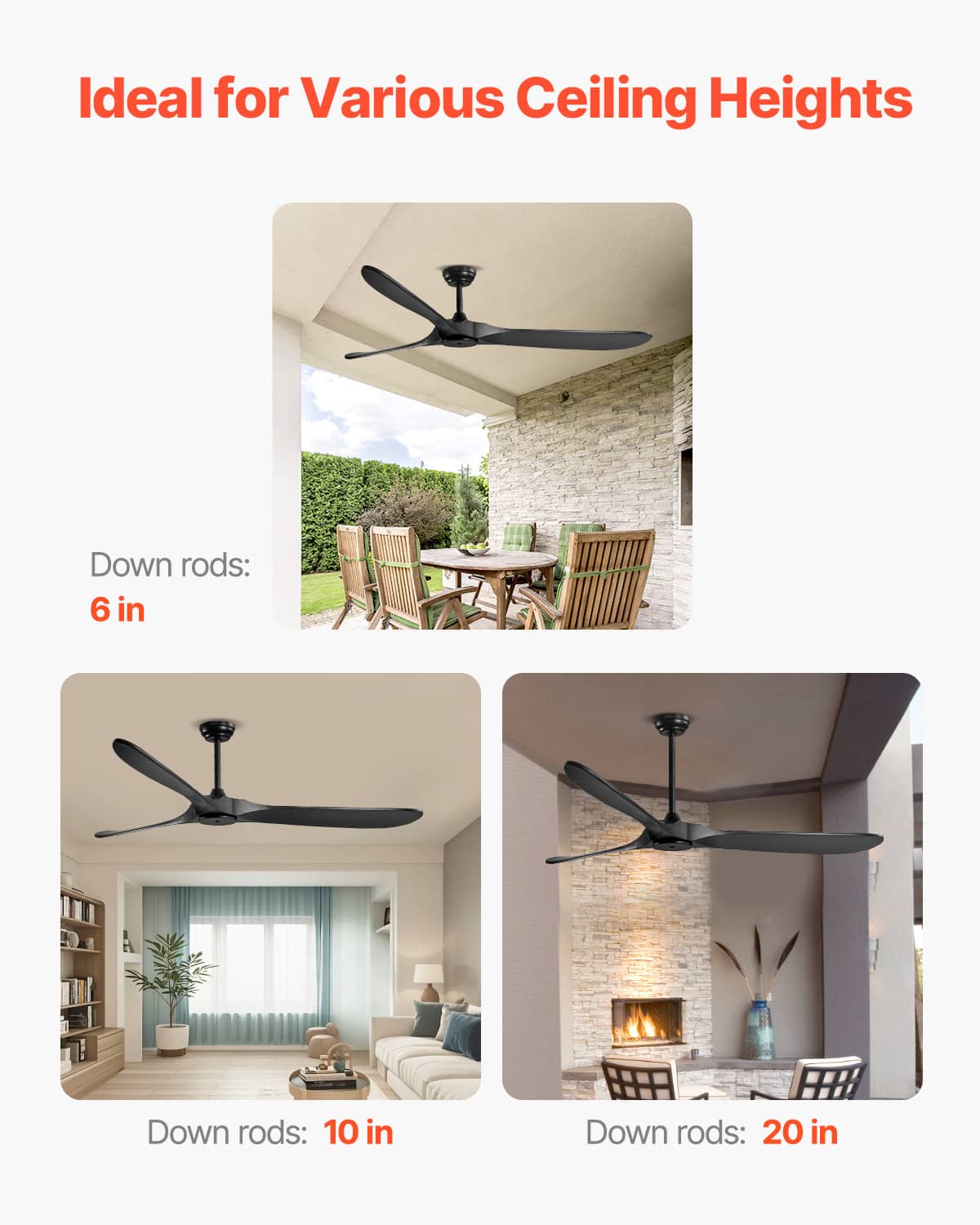 Black 3-blade ceiling fan with multiple downrod lengths for varied ceiling heights