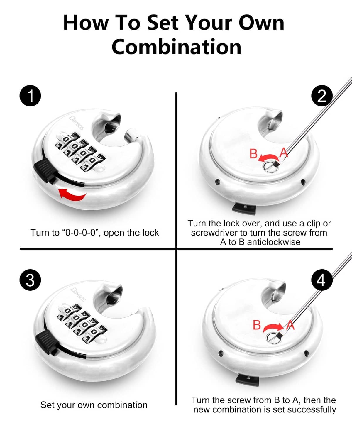 Silver disc padlock demonstrating 4-digit combination setup with turn arrows
