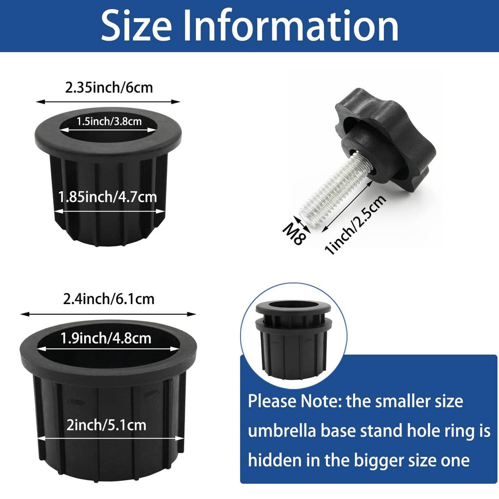 Black umbrella base stand hole ring plug cover and threaded knob insert for umbrella poles