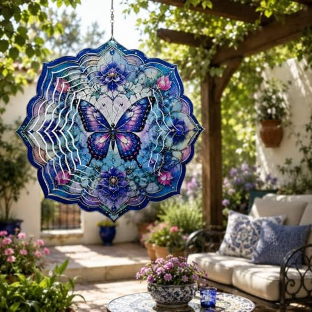 Hanging butterfly wind spinner with purple-blue mandala design and wavy fan edges