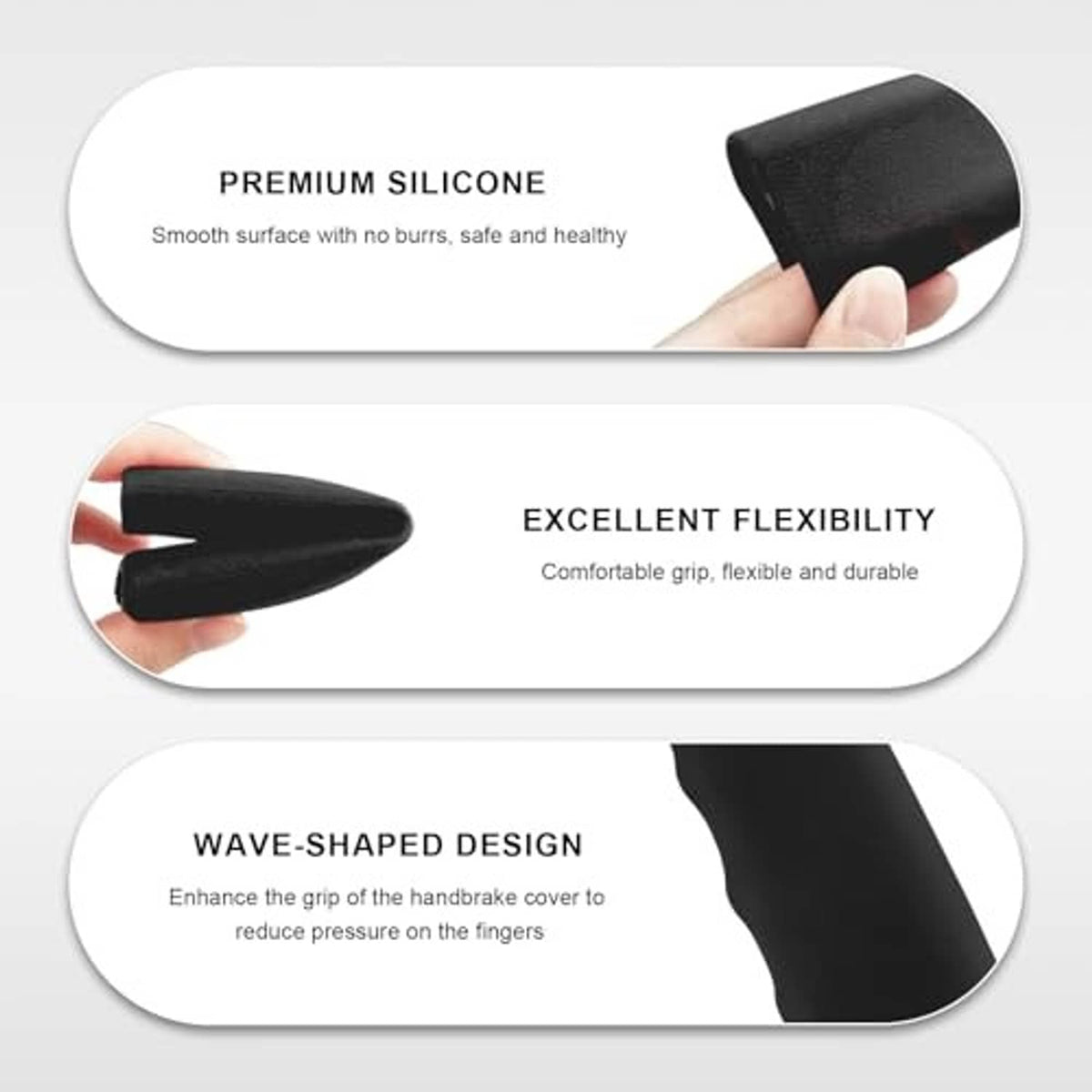 Black silicone handbrake cover held in hand, waved contour
