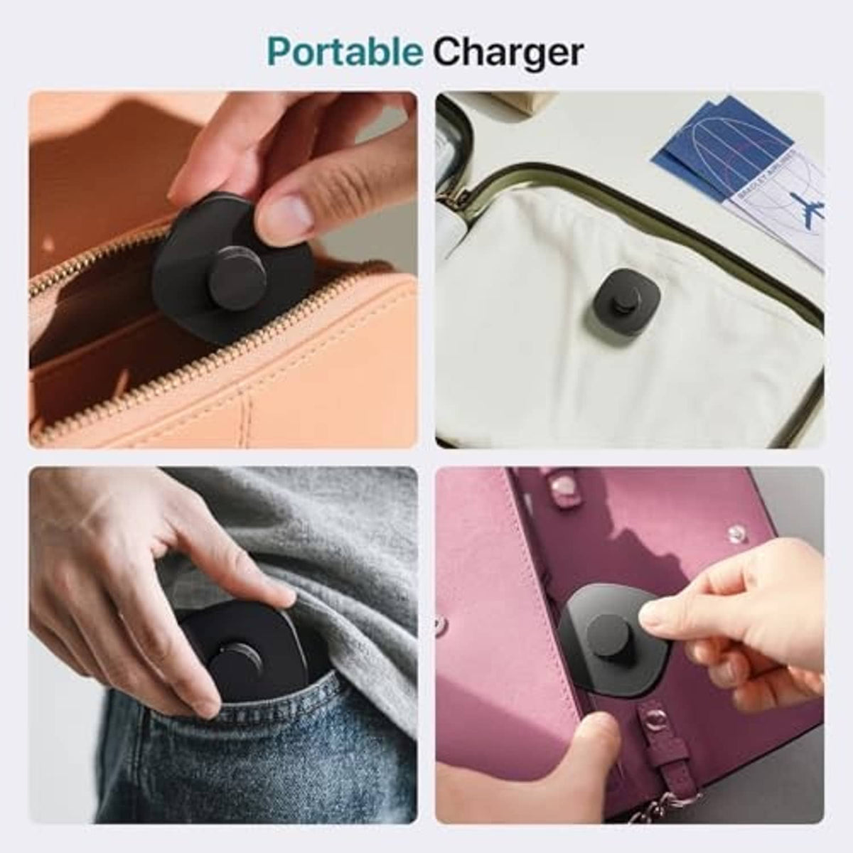 Portable black charging dock shown in a pocket, bag, and on clothing