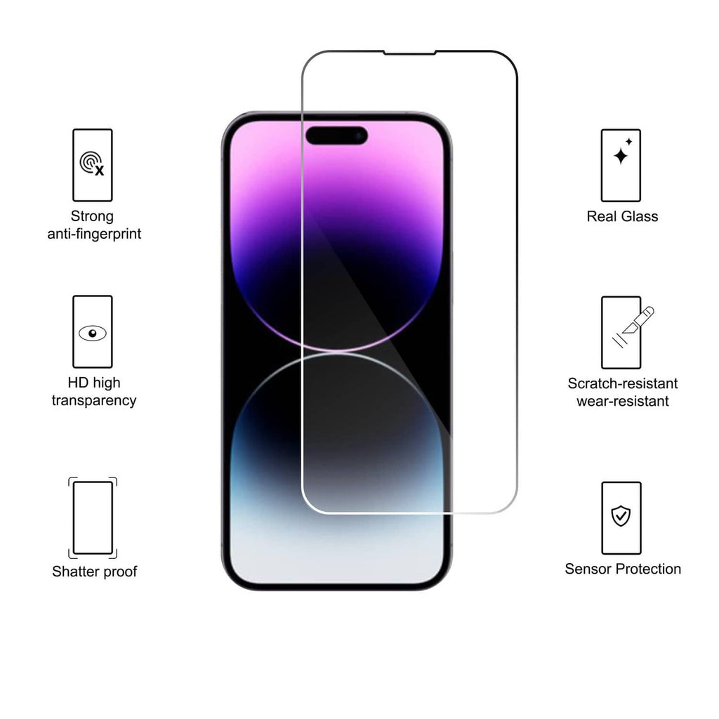 Tempered glass screen protector for iPhone 14/14 Pro with full-screen coverage on device