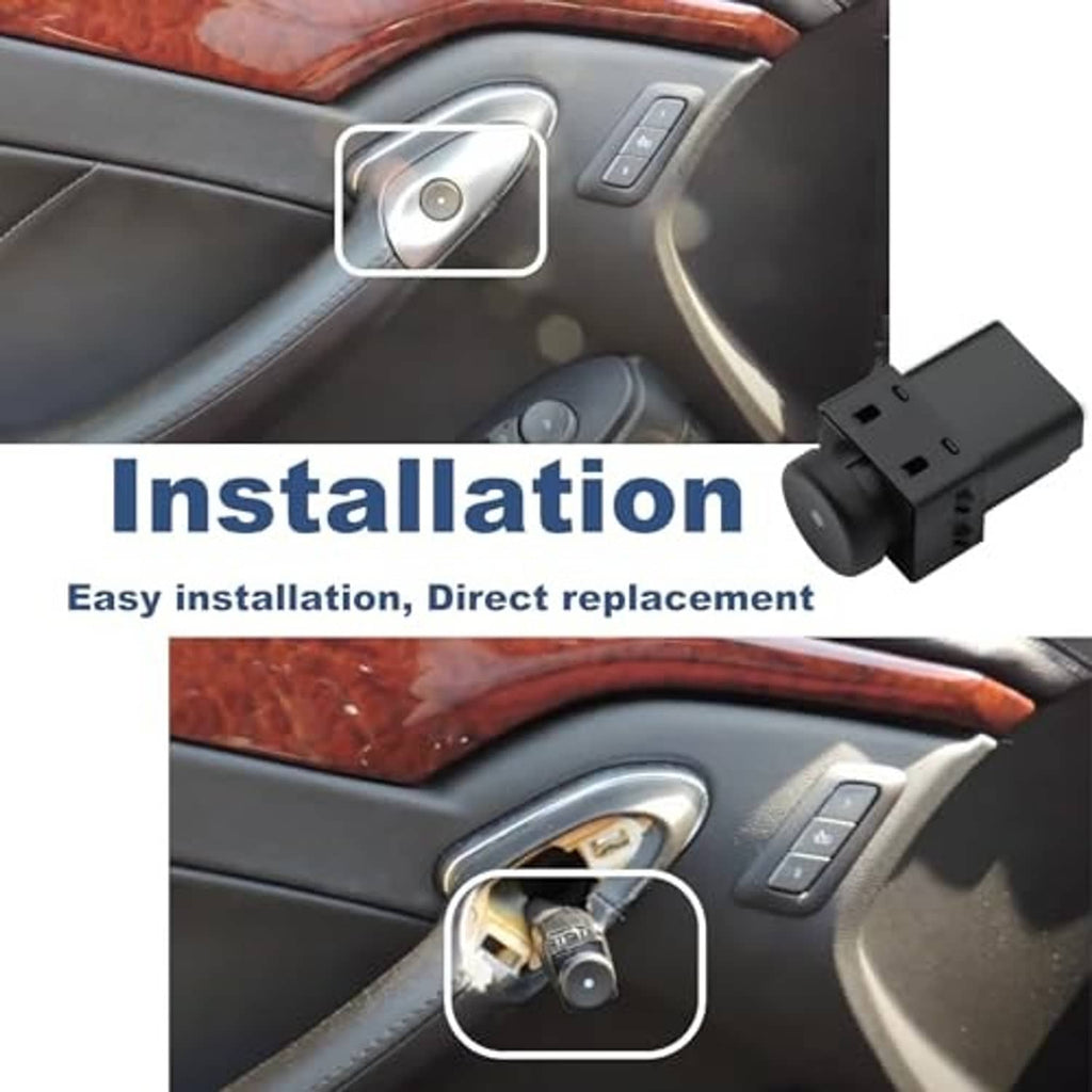Black door latch release switch near interior handle button, multi-pin plug