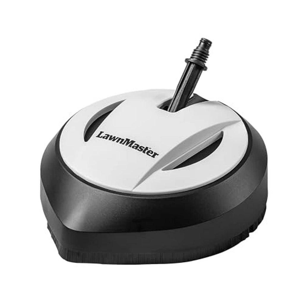 Circular pressure washer surface cleaner with white top, black base, and quick-connect wand