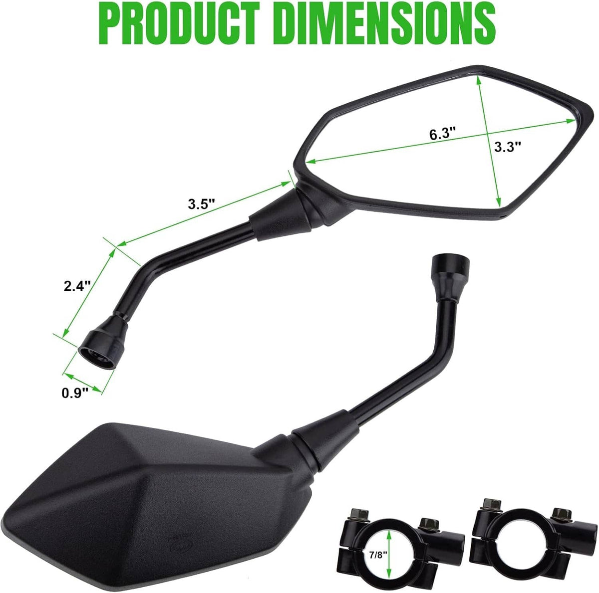 Black motorcycle rear-view side mirror with oval glass and curved mounting stem