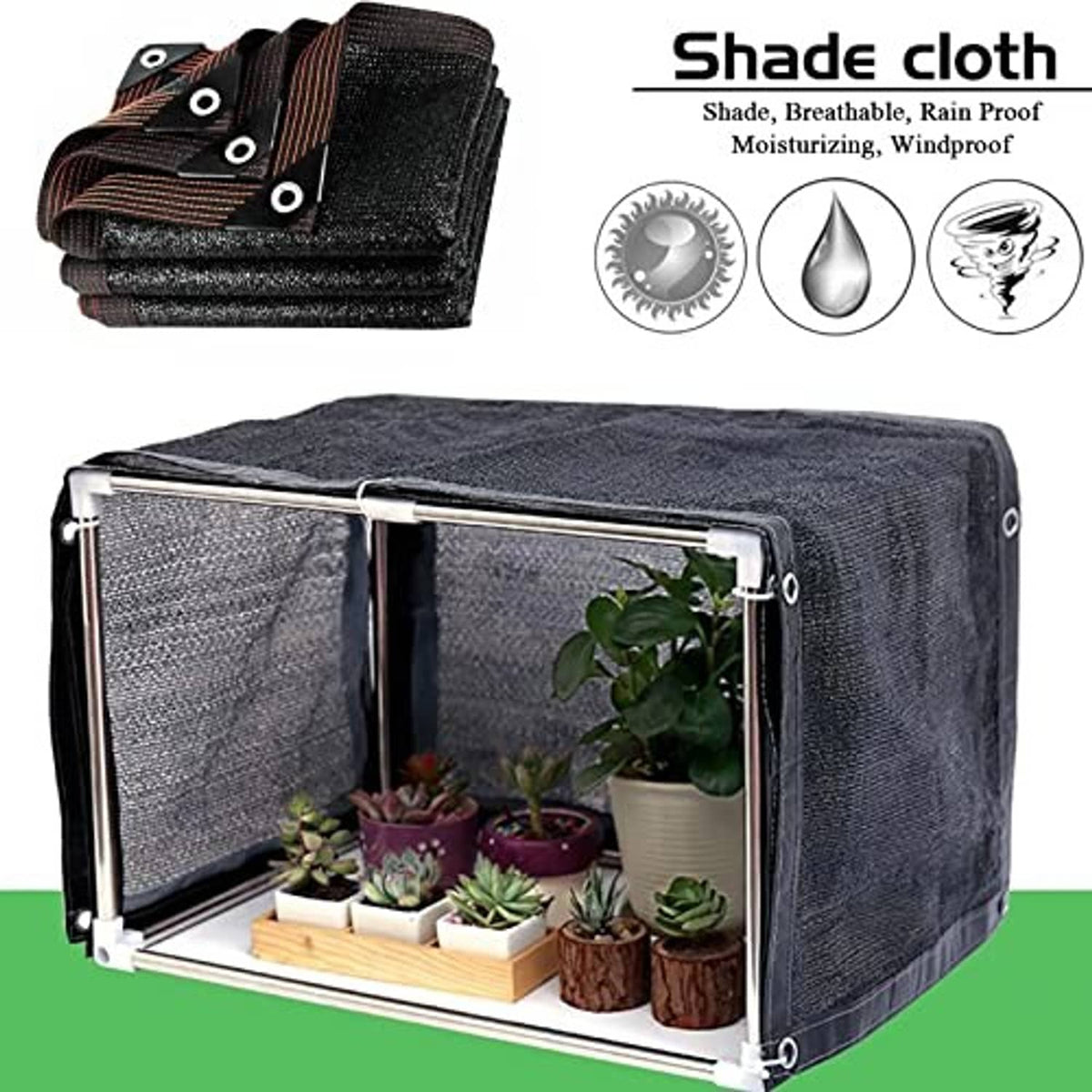 Black garden shade cloth with brown trim, draped over a frame with potted plants