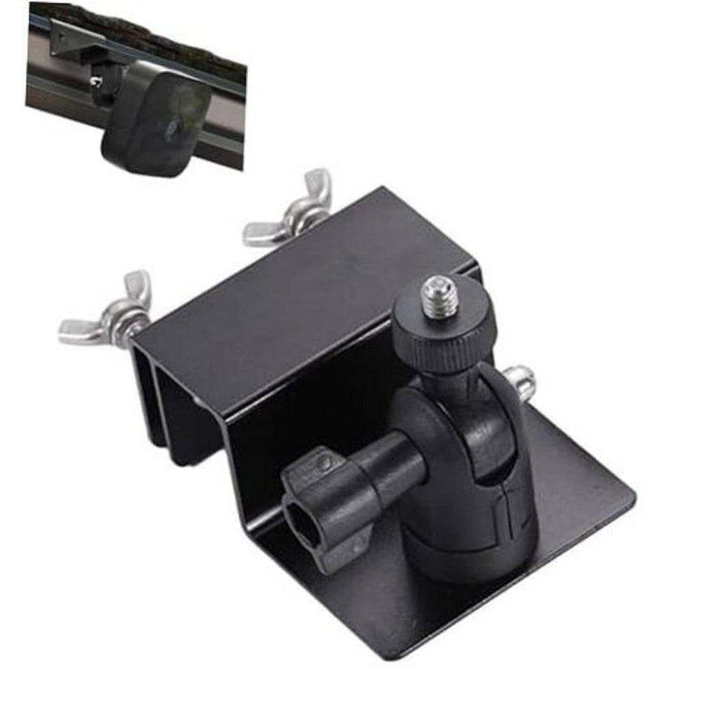 Black gutter mount bracket with adjustable ball joint and mounting holes for solar panel