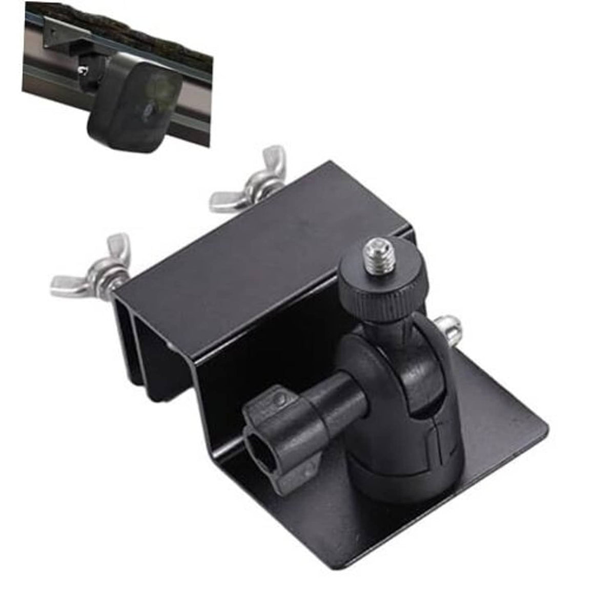 Black gutter mount bracket with adjustable ball joint and mounting holes for solar panel