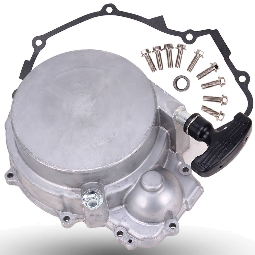 Recoil starter pull housing with black handle, silver cover, and bolt and ring hardware