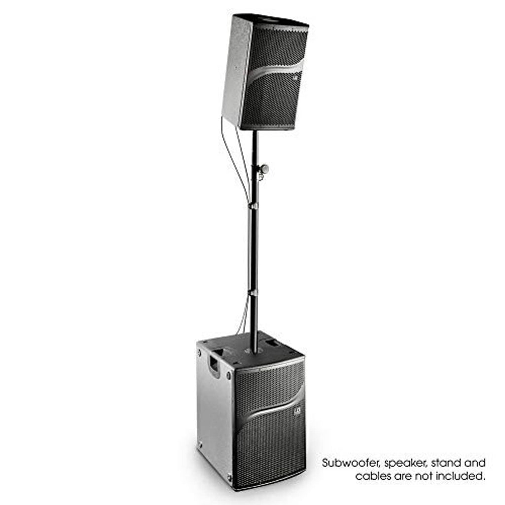 Black cable clip attached to speaker stand pole, shown with speaker setup