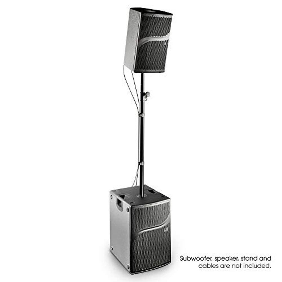 Black cable clip attached to speaker stand pole, shown with speaker setup