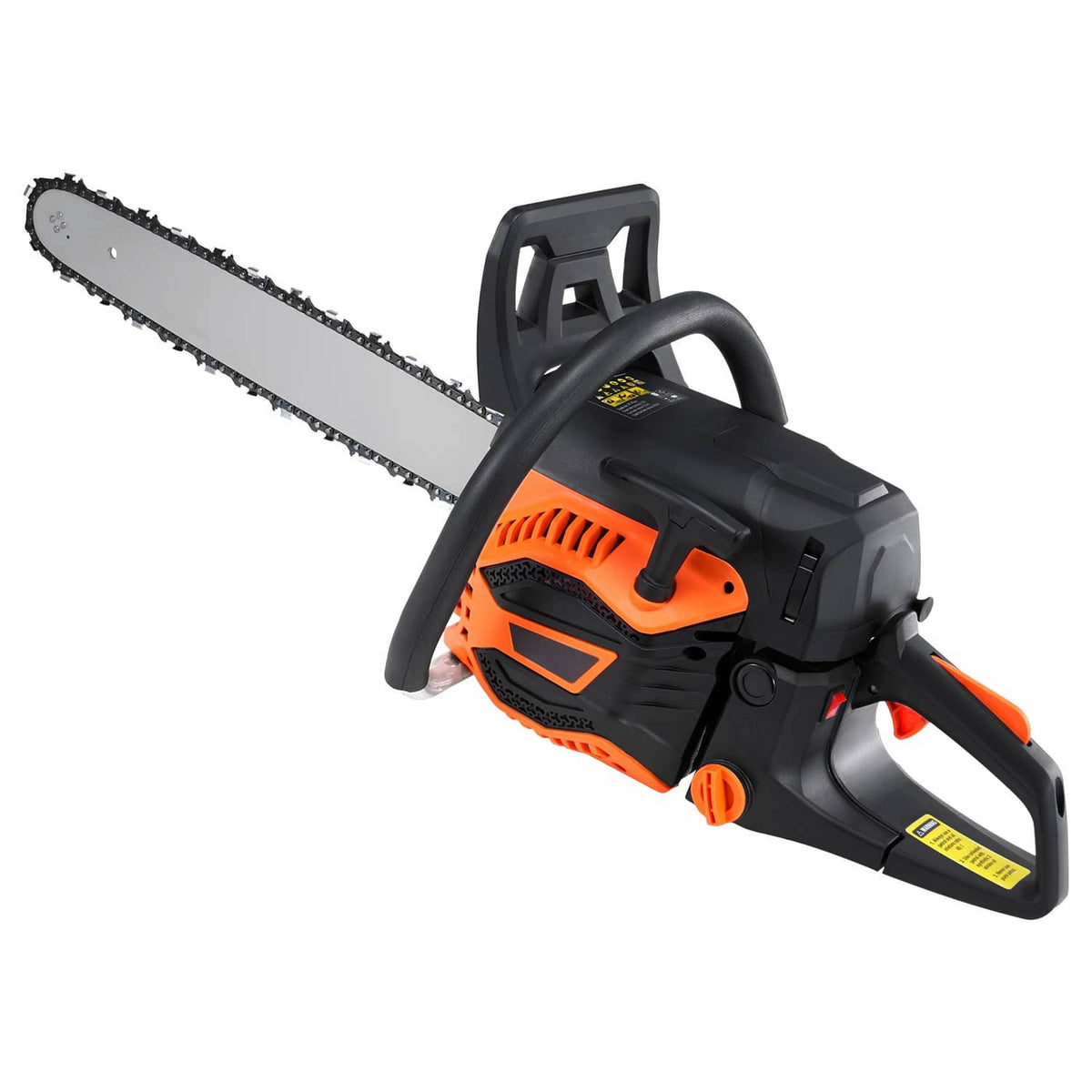 Orange and black chainsaw with 18-inch bar, front hand guard, and top grip