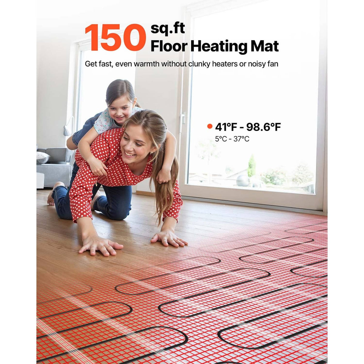 Red floor heating mat with black heating wires on mesh grid, in use