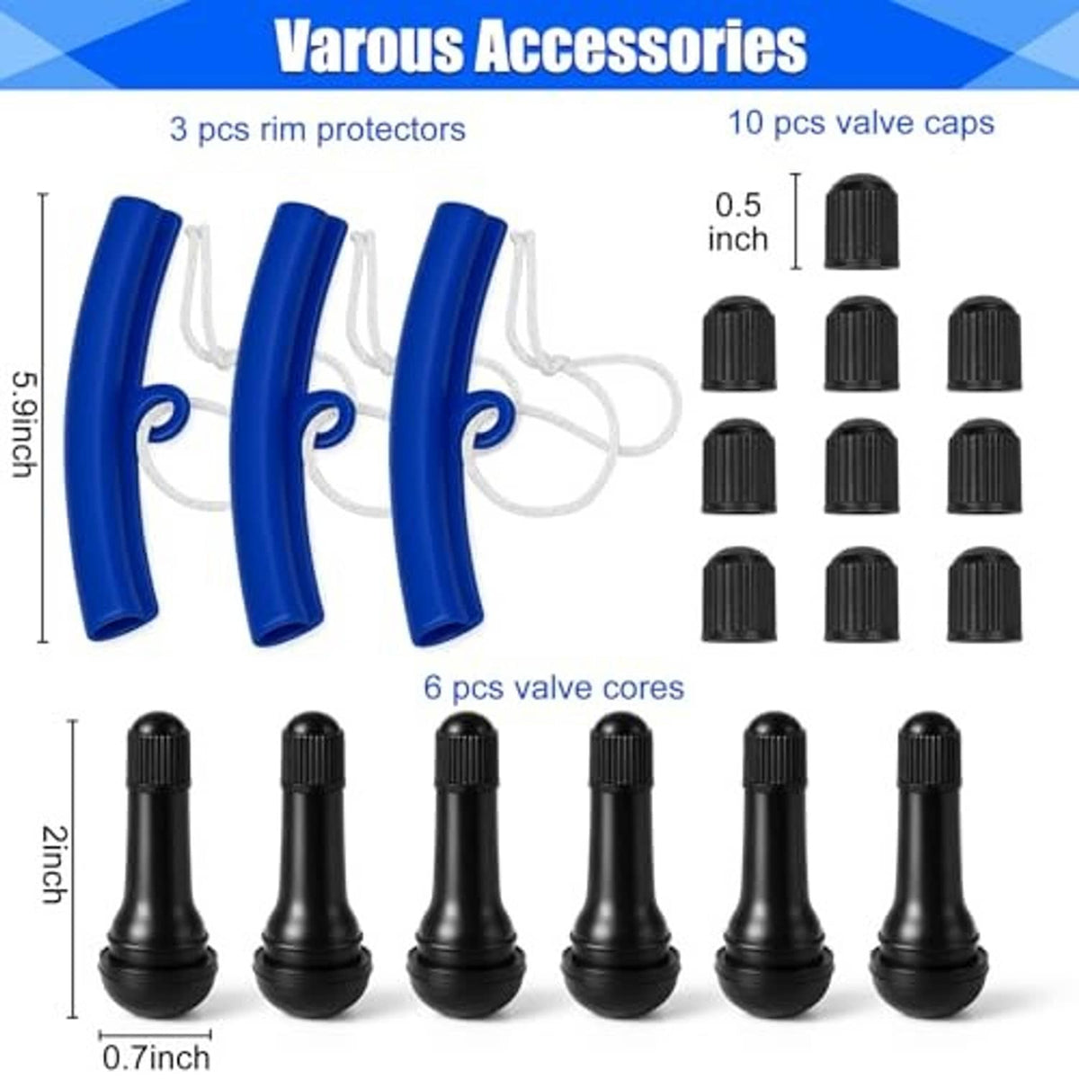 Rim protectors, valve caps, and valve cores: blue covers with cords and black caps