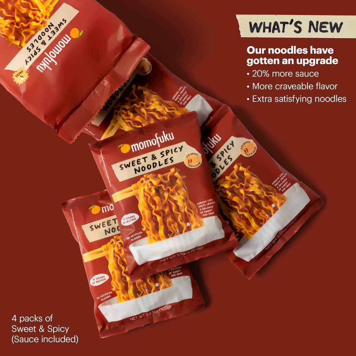 Four Momofuku sweet and spicy noodles packs with saucy noodle illustration
